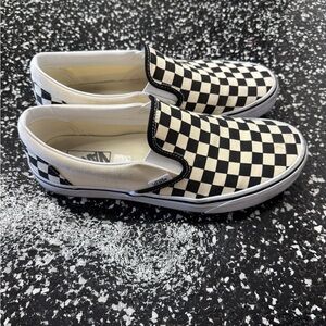 Vans Black and Cream Checkerboard Slip-Ons